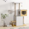 Wood Cat Tree Tower, Cat Furniture with Scratching Pads and Large Storage Space, Industrial Cat Cabinet with Shelves and Doors