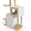 Wood Cat Tree Tower, Cat Furniture with Scratching Pads and Large Storage Space, Industrial Cat Cabinet with Shelves and Doors