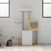 Wood Cat Tree Tower, Cat Furniture with Scratching Pads and Large Storage Space, Industrial Cat Cabinet with Shelves and Doors