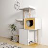 Wood Cat Tree Tower, Cat Furniture with Scratching Pads and Large Storage Space, Industrial Cat Cabinet with Shelves and Doors