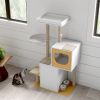 Wood Cat Tree Tower, Cat Furniture with Scratching Pads and Large Storage Space, Industrial Cat Cabinet with Shelves and Doors